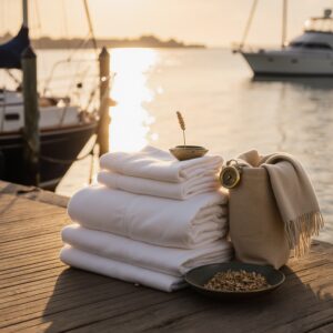Stack of white towels on a dock at sunset, with a beige scarf and pocket watch beside a bowl of seeds.