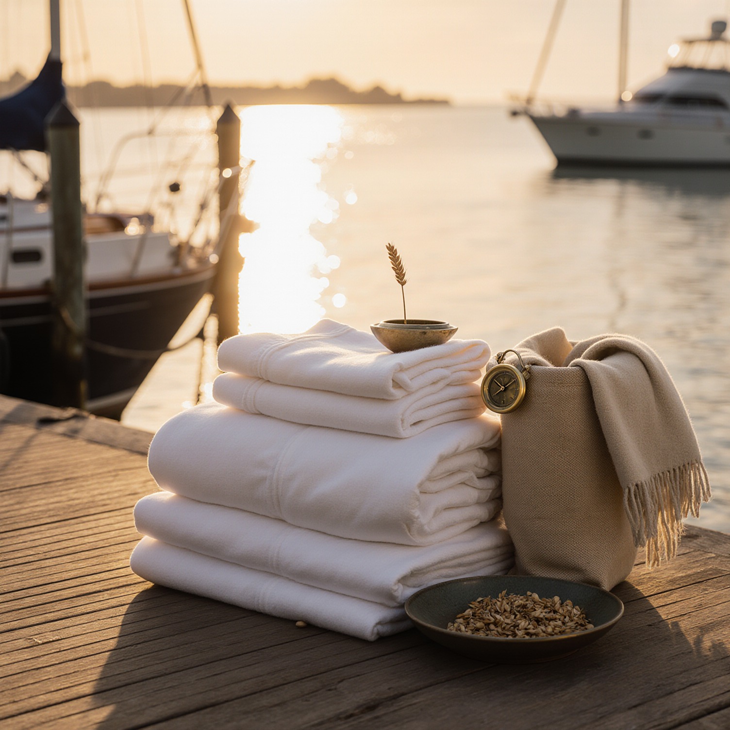 Stack of white towels on a dock at sunset, with a beige scarf and pocket watch beside a bowl of seeds.