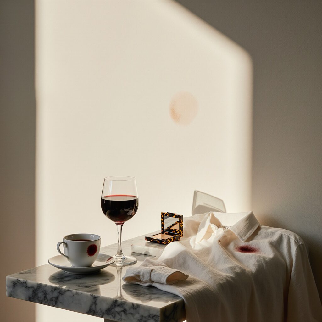 Sunlit mid-century marble console in Coral Gables with wine glass, espresso cup, tortoiseshell compact, stained linen shirt, and silk blouse
