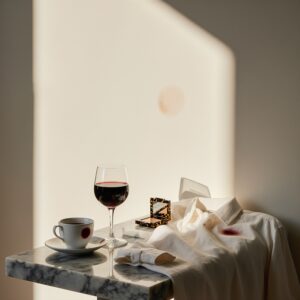 Sunlit mid-century marble console in Coral Gables with wine glass, espresso cup, tortoiseshell compact, stained linen shirt, and silk blouse
