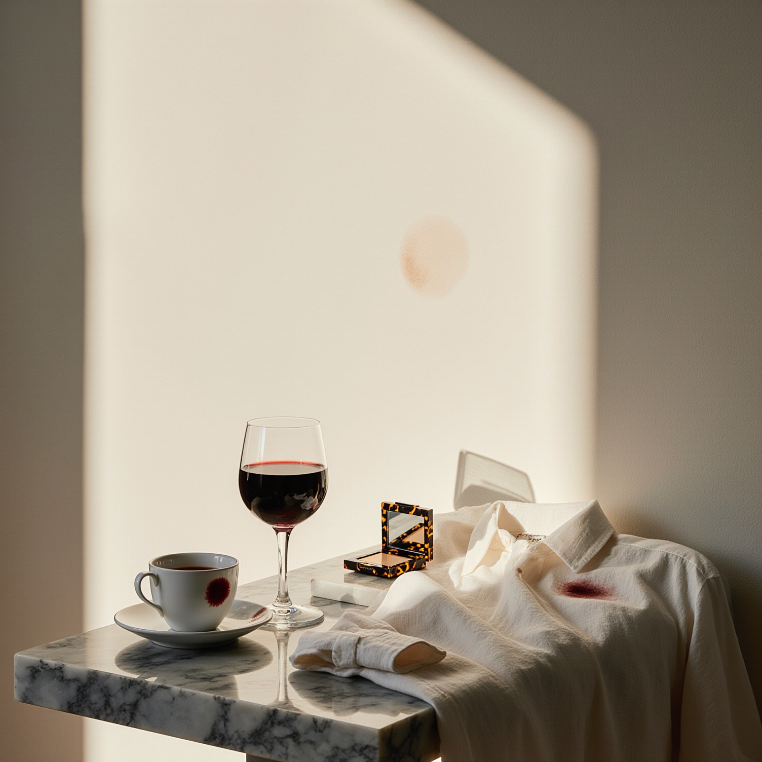 Sunlit mid-century marble console in Coral Gables with wine glass, espresso cup, tortoiseshell compact, stained linen shirt, and silk blouse