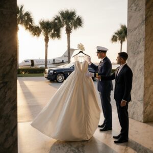 The Traveling Bride’s Guide to Gown Shipping and Care | Sudsies Wedding gown in white garment bag handed from gloved driver to concierge at Palm Beach estate with Rolls-Royce and private jet at golden hour