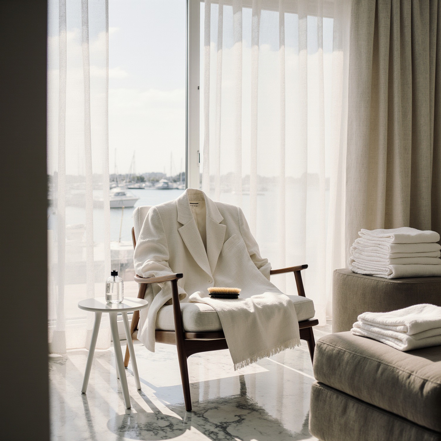 Sunlit South Florida living room with marina view, white linen blazer draped on mid-century armchair, brush and cleaning solution on side table, folded bed linens on ottoman, quiet