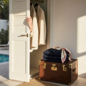 Elegant hand on brass closet handle revealing ivory garment bags, navy blazer, and leather trunk with Sudsies Express tag in sunlit Palm Beach room
