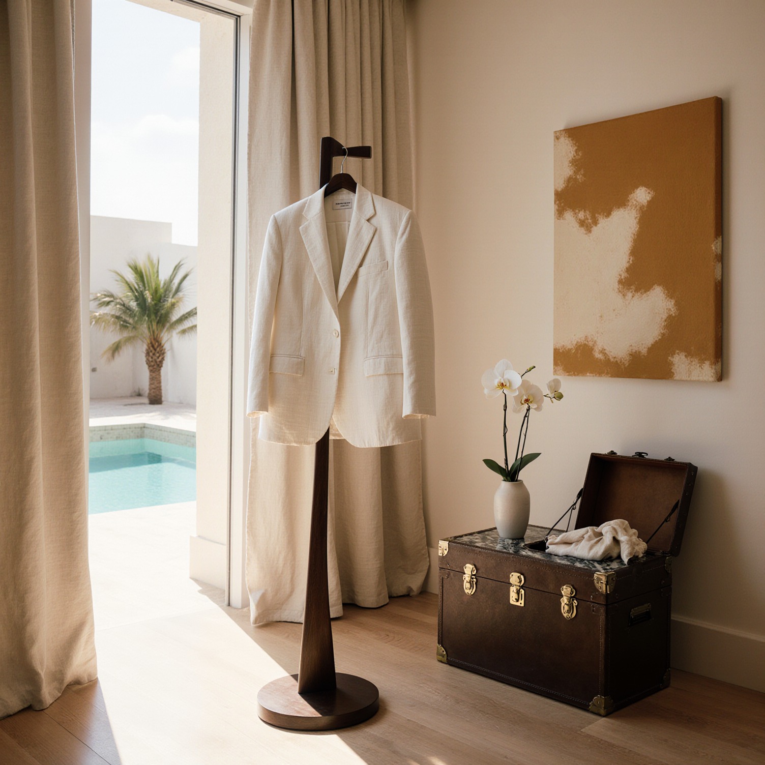 A pressed white linen blazer hangs on a dark wood valet stand in a minimalist Palm Beach apartment with abstract art, open French doors, and a vintage travel trunk.