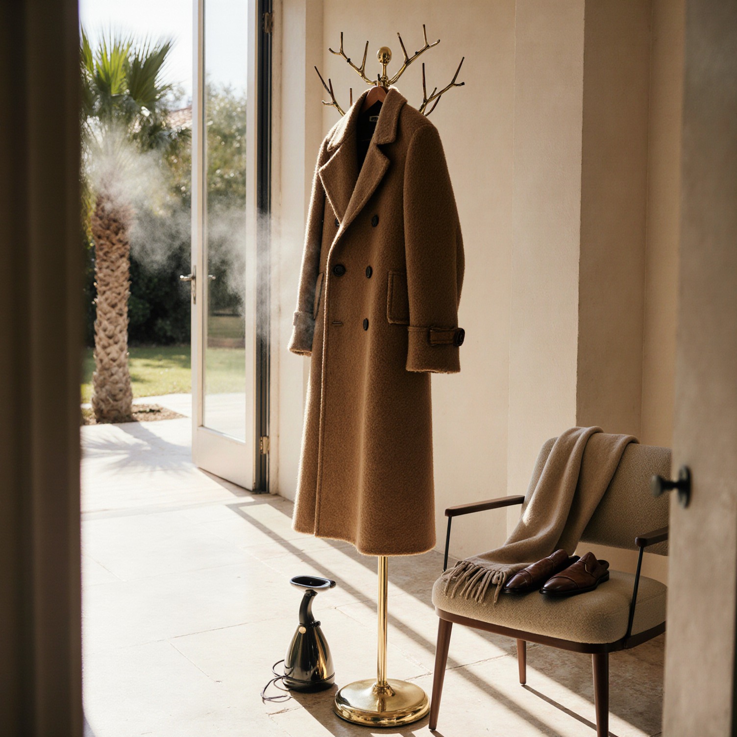 Camel hair overcoat on brass valet stand with cedar shoe tree, steamer, and cashmere scarf in sunlit Coral Gables loggia