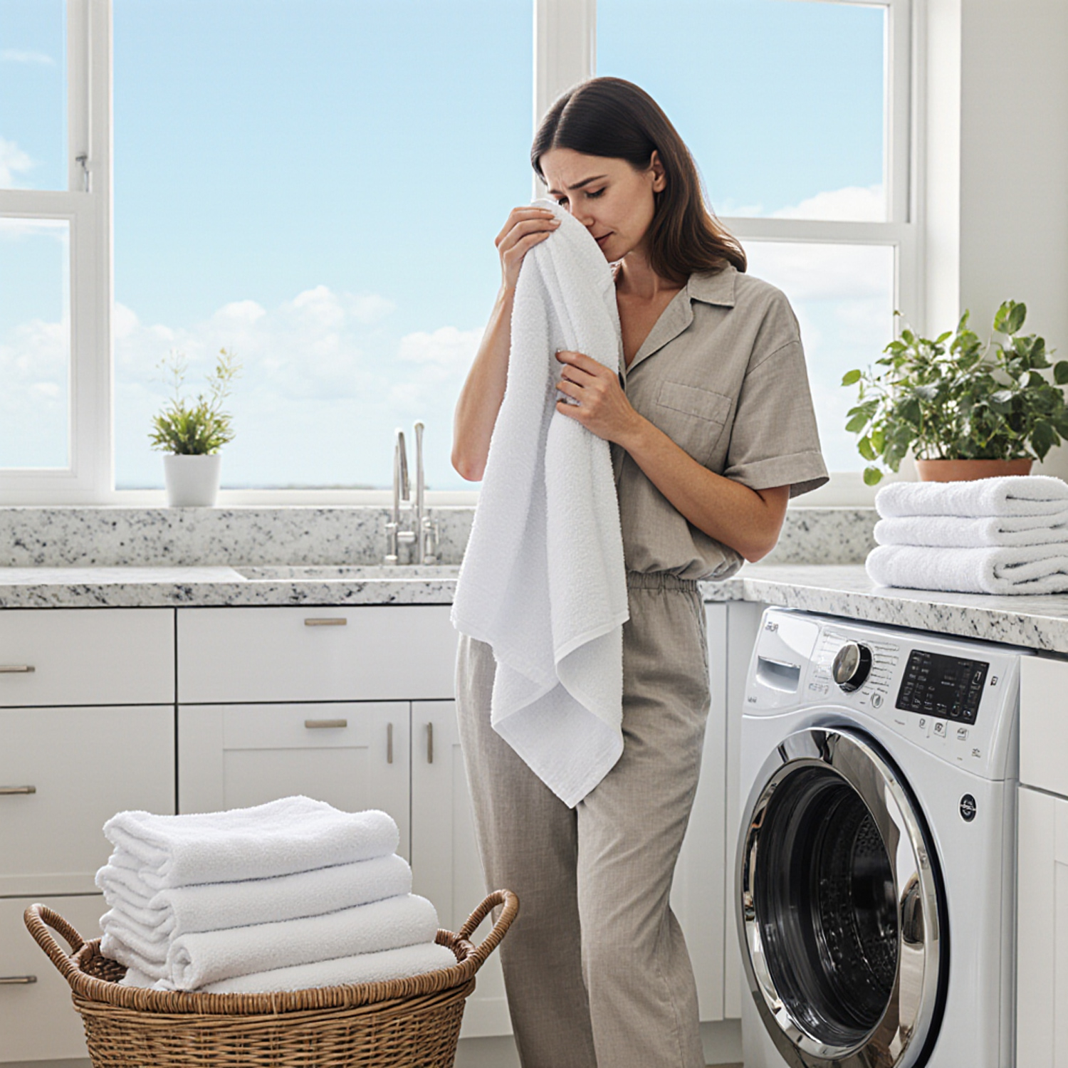 Woman smelling a freshly washed white towel in a bright laundry room to check for lingering musty odor after washing.