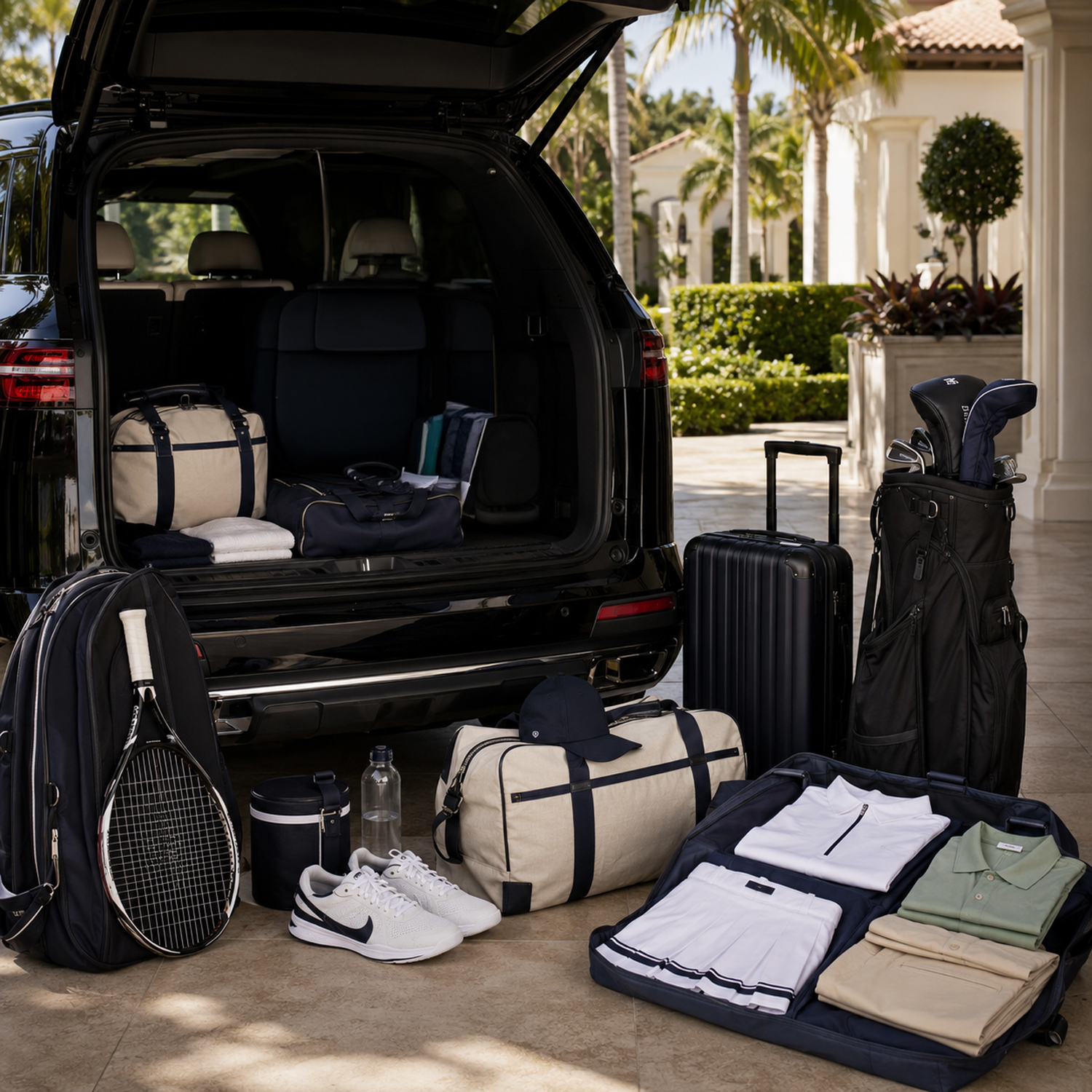 SUV trunk open with luggage, duffel bags, suitcases, and clothes laid out for travel.
