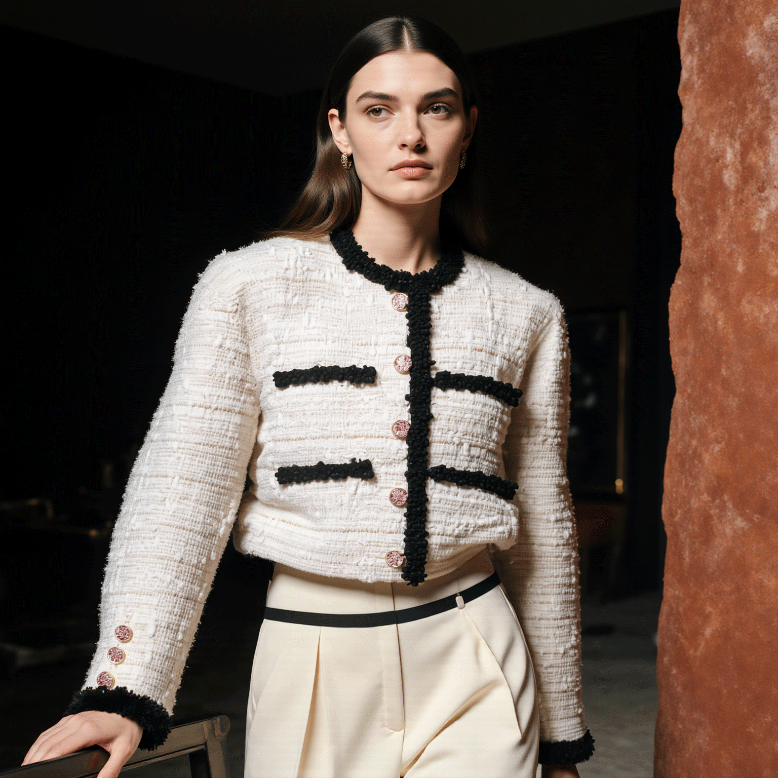 Model wearing white Chanel-style tweed jacket demonstrating luxury designer garment care and delicate fabric preservation.