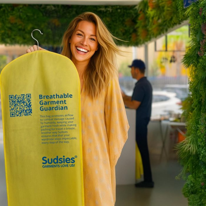 Smiling woman with long blonde hair holding a yellow garment bag in front of Sudsies Dry Cleaning, showcasing exceptional customer service and a fresh, stylish environment.