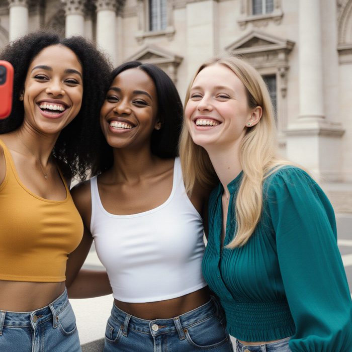 Friends smiling and taking a selfie, representing Sudsies luxury dry cleaning lifestyle.